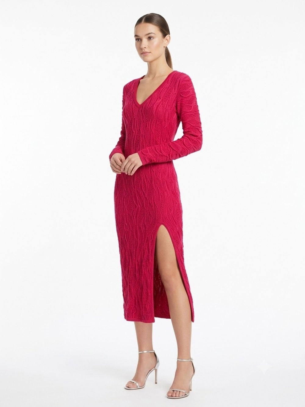 Coogi Vibrant Red Knit V-Neck Midi Dress with Side Slit Size Medium